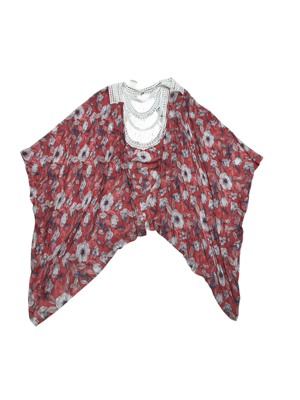 Cato Red Floral Kimono Cover Up One Size Crochet Back Boho Asymmetrical - Picture 6 of 9